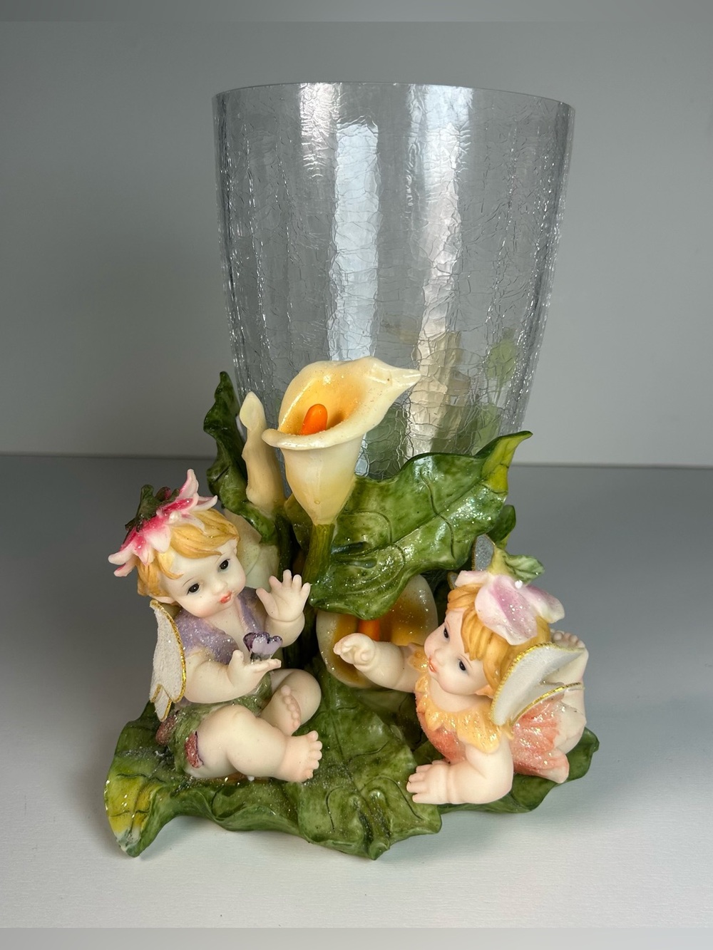 Vintage Porcelain Fairy Cherub Candle Holder Calla Lily Floral Figurine Decor